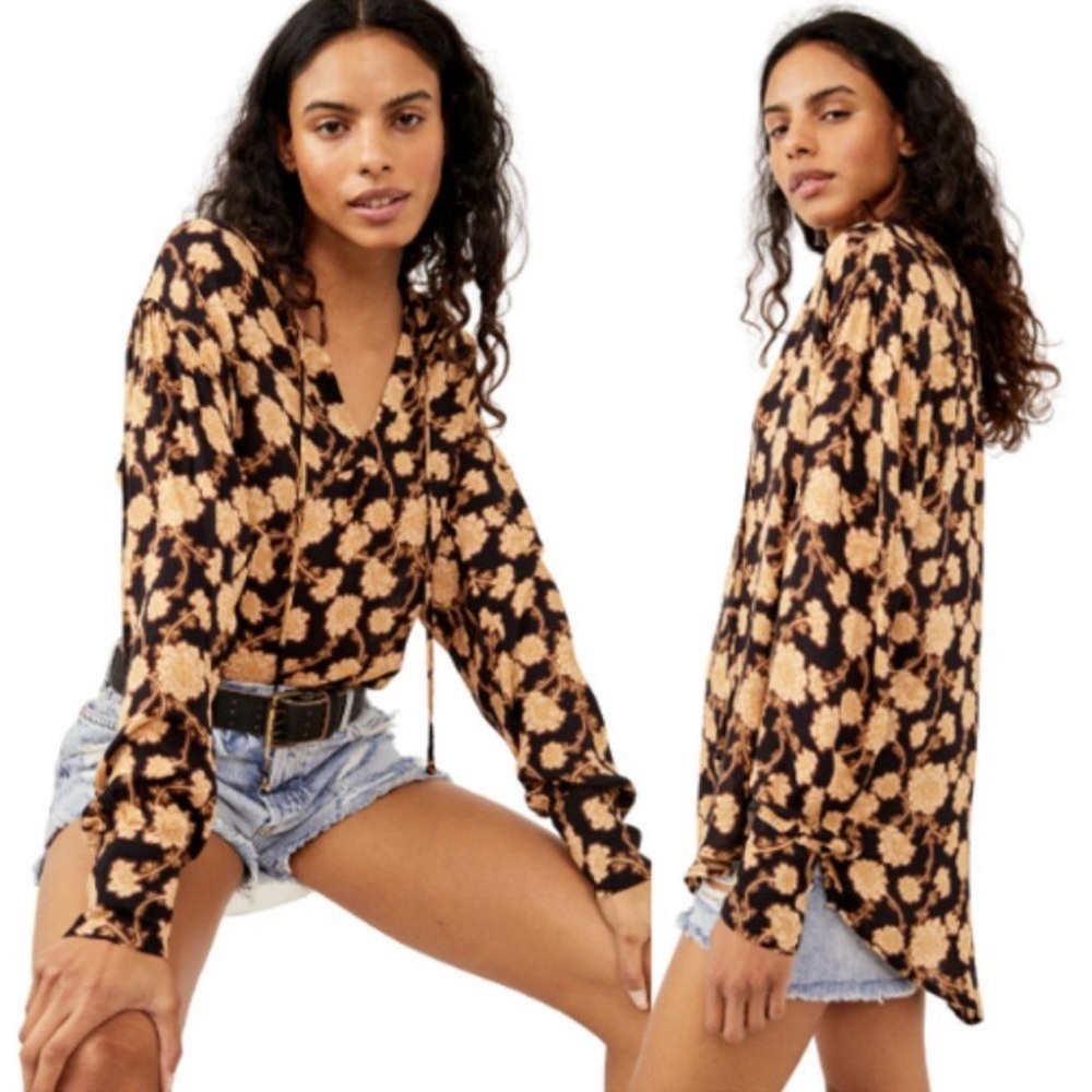 * Free People Mia Neutral Floral Top Tunic Blouse Shirt Medium Excellent Cond *